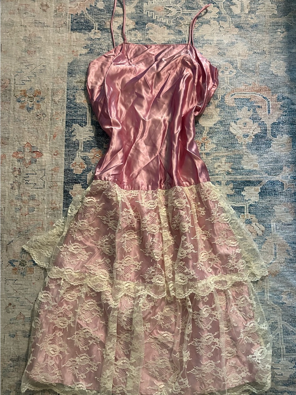 Vintage Zum Zum Pink Satin & Cream Lace Tiered Dress